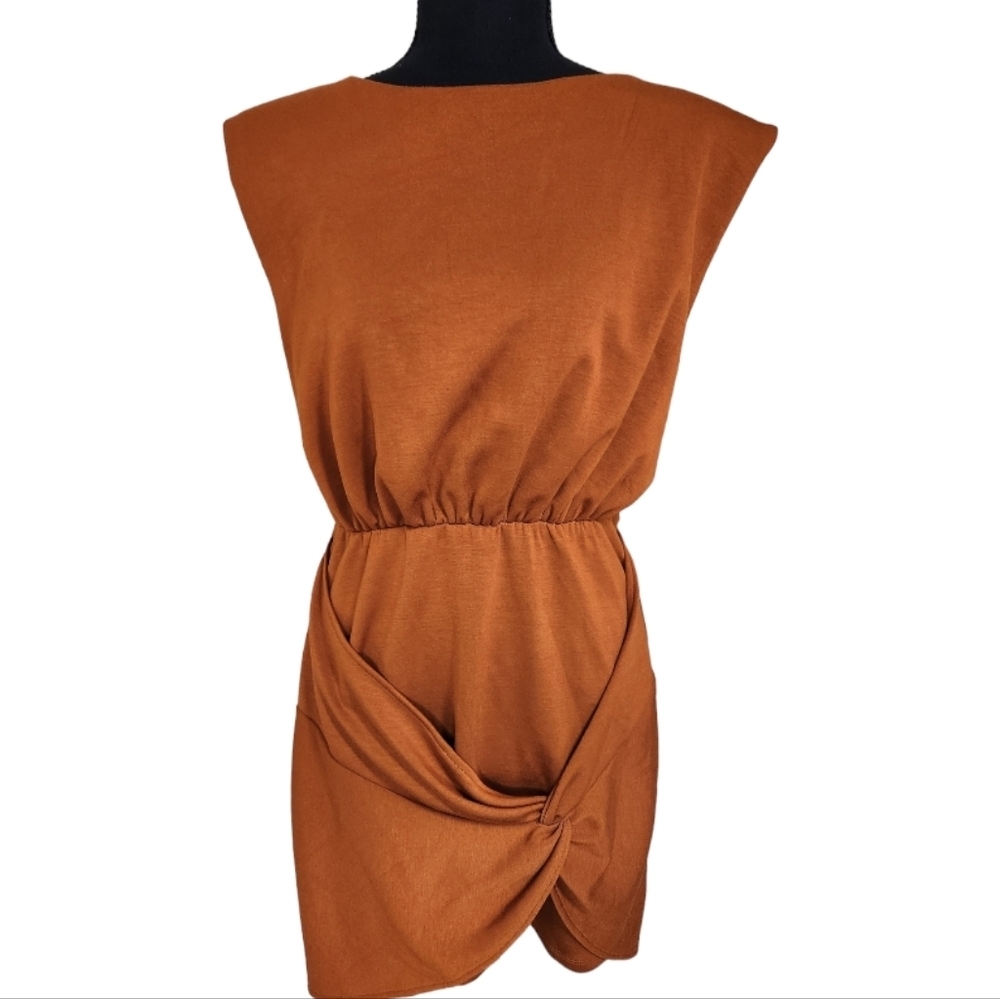 FREE PEOPLE sleeveless blouson knit mini dress Burnt orange brown size med NWT